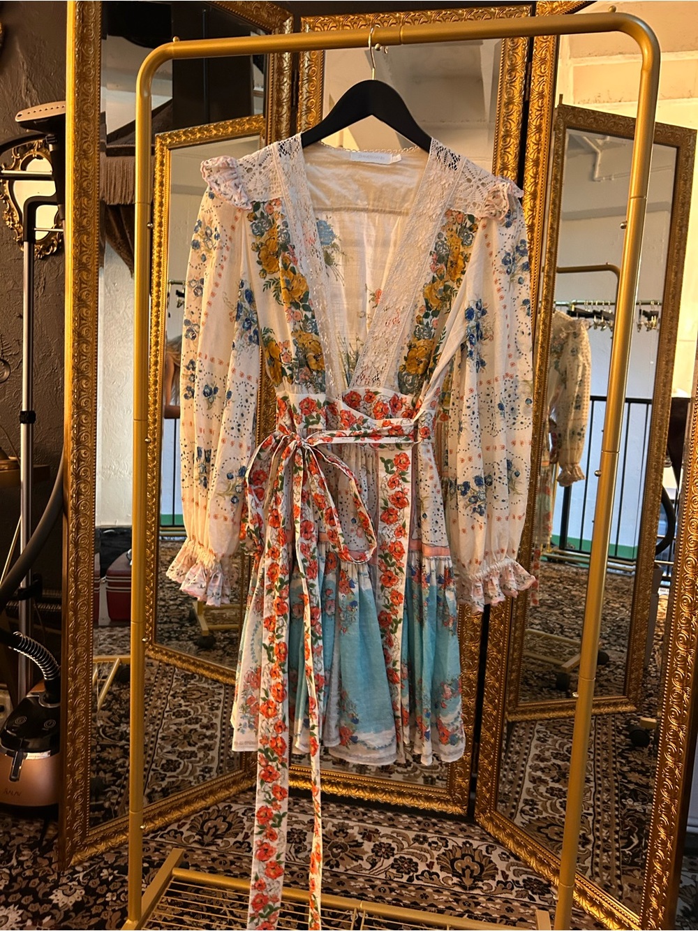 Zimmermann Floral Lace-Trim Long Sleeve Mini Dress in Cream, Blue & Red